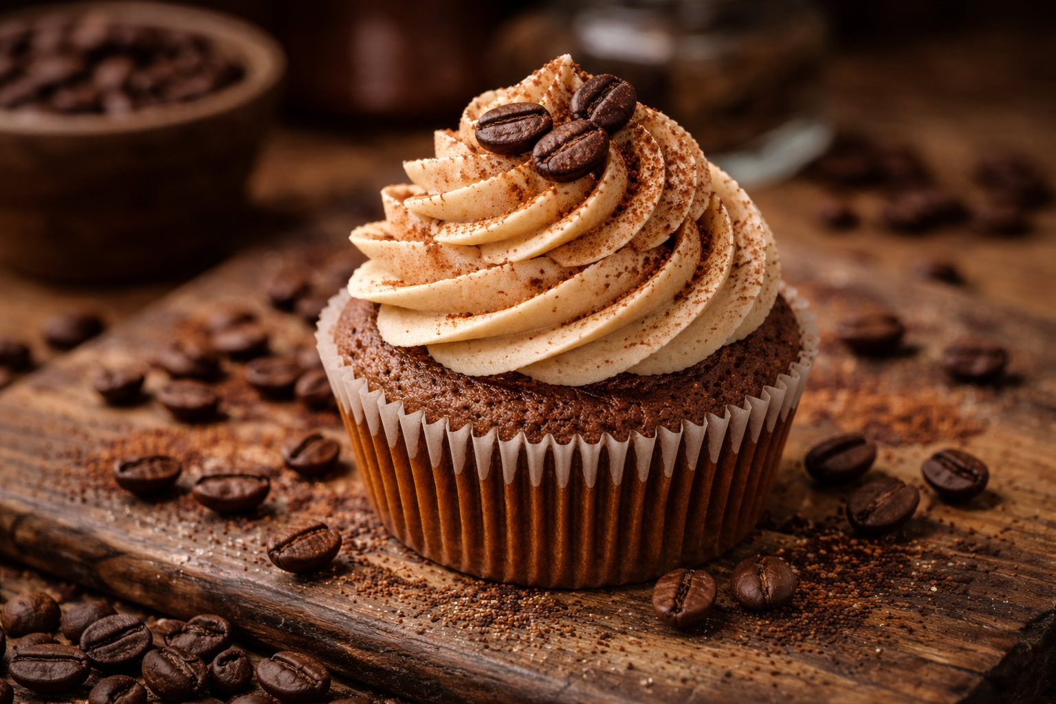 Close-up horizontal de cupcake de café com cobertura cremosa, finalizado com grãos de café sobre superfície rústica